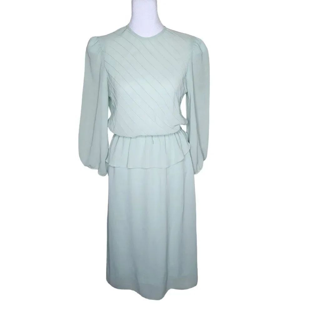 Vintage 70s Blouson Dress Womens Size S Mint Green Balloon Sleeves Chiffon